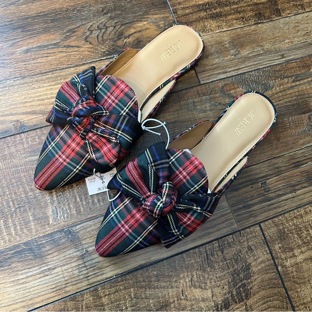 J Crew NWT Women’s‎ 10-M Tartan Slip On Mules Plaid Big Bow